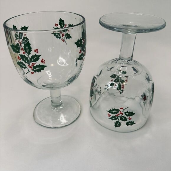 Bartlett Collins 16oz Thumbprint Glass Holly Berry 6" Goblets Set of 2 Christmas - Picture 10 of 10